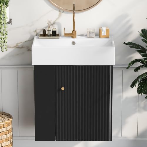 21.6 in Floating Bathroom Vanity with Sink,Soft Closing Doors,Solid Wood Frame & MDF Modern Single Small Black Bathroom Vanity Cabinet with Open Shelf,Wall Mounted