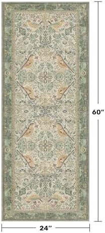 Sage Floral Kitchen Runners - 2x5 Runner Rug for Hallway Bathroom Laundry Room Bedroom Beside Bed Entryway, Boho Birds Leaves Patterned Non Slip Low Pile Washable Rugs