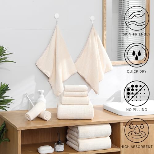 Ultra Soft Bath Towel Set,12 Piece (4 Bath Towels,4 Hand Towels,4 Washcloths) Family Bathroom Towel Set with Hanging Loops,Quick Dry Extra Absorbent Fluffy Shower Towel for Bathroom,Hotel,Spa-Beige