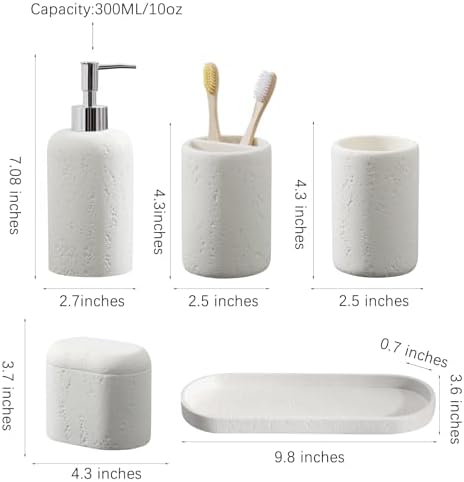 Bathroom Accessories Set, 5PCS, Travertine Stone Look, Off White