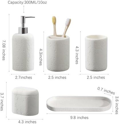 Bathroom Accessories Set, 5PCS, Travertine Stone Look, Off White