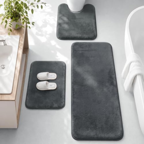 HUXMEYSON 3-Piece Memory Foam Bathroom Rug Set, Dark Grey