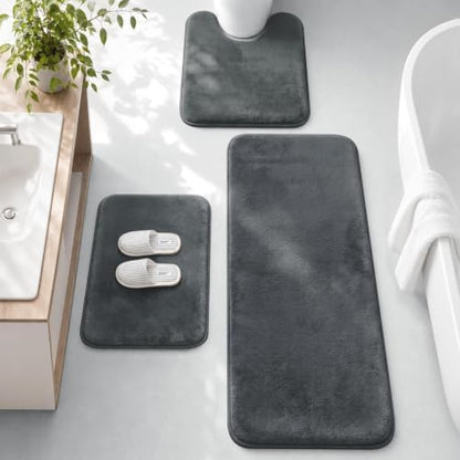 HUXMEYSON 3-Piece Memory Foam Bathroom Rug Set, Dark Grey