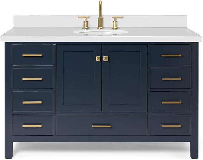 ARIEL Cambridge 54-inch Bathroom Vanity with Sink,Solid Wood, 1.5-inch Pure White Quartz Countertop & Backsplash, Single Oval Porcelain Sink, 2 Soft Closing Doors, 9 Dovetail Drawers, Midnight Blue