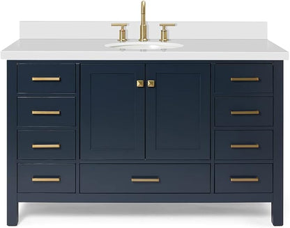 ARIEL Cambridge 54-inch Bathroom Vanity with Sink,Solid Wood, 1.5-inch Pure White Quartz Countertop & Backsplash, Single Oval Porcelain Sink, 2 Soft Closing Doors, 9 Dovetail Drawers, Midnight Blue