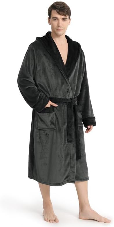 Yurhap Luxury Mens Robe with Hood, Ultra Cozy Fleece Bathrobe for Men, Plush Hooded Robe with Belt & 2 Pockets