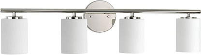 Progress Lighting Replay Collection 4 Light Bathroom Vanity Light, Modern Bath Lighting Fixture with Etched White Glass Shades for Over The Mirror, Reversible Mounting, Polished Nickel