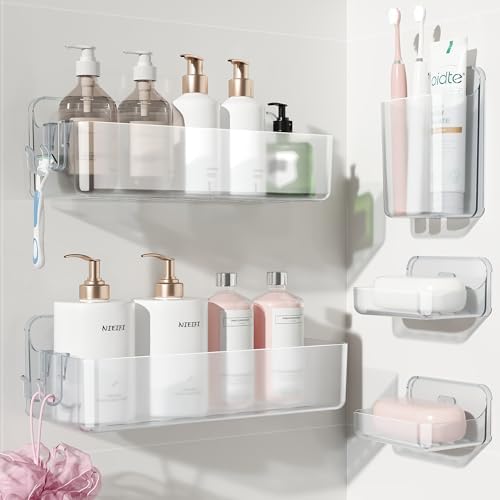 Nieifi Adhesive Shower Shelves, Clear, 5 Pieces