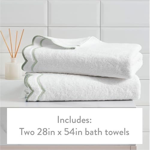 Peri Home 2 Piece Cotton Bath Towel Set, Embroidered, White, Sage Scallop