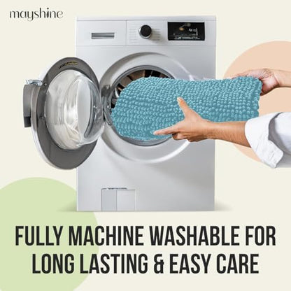 Standard 3pc Set Chenille Bath Mats, Includes 21"x24" U-Shaped Contour Toilet Rug, 21"x34" Inches Bathmat and 1 Toilet Lid Cover, Plush Absorbent Bath Mats Quick Dry, Spa Blue