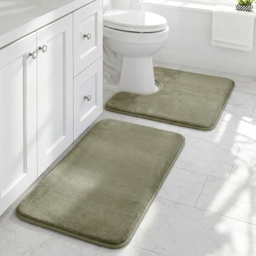 HUXMEYSON Bathroom Rugs Sets 2 Piece, Non-Slip & Quick Dry Bath Mat Set, Ultra Soft Velvet Bath Rugs for Bathroom, Toilet and Shower Floor, Olive Green