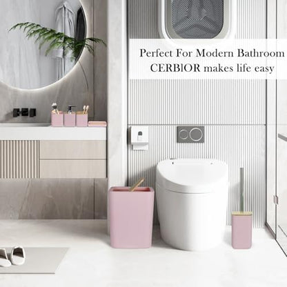 CERBIOR Bamboo Bathroom Accessories Set 6 Piece Bath Ensemble（Pink）