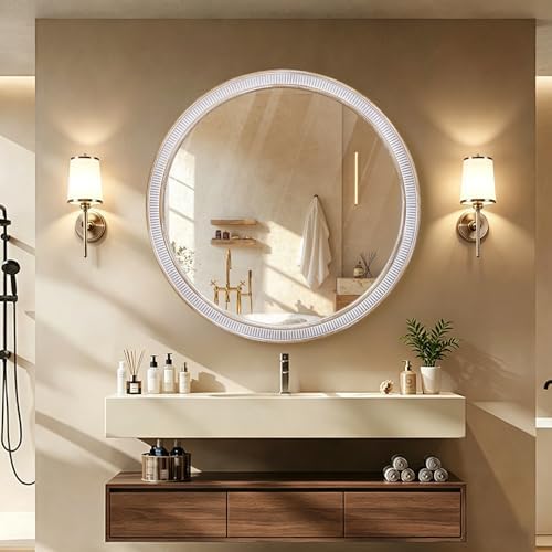 36 Inch Large Round Wood Mirror, Farmhouse Bathroom Mirrors for Wall