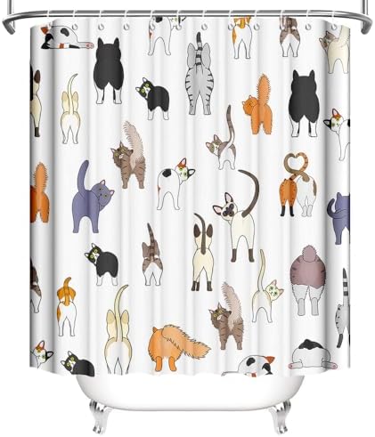 MEHOFOND Funny Cat Shower Curtain Cute Cartoon Cats Bathroom Decor