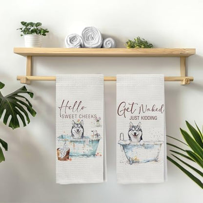 Funny Husky Hand Towels, Hello Sweet Cheeks Bathroom Decor, Husky Gifts Decorative Hand Towels for Bathroom Washroom Restroom, Gifts for Husky Lovers, 16x24 Inch Set of 2