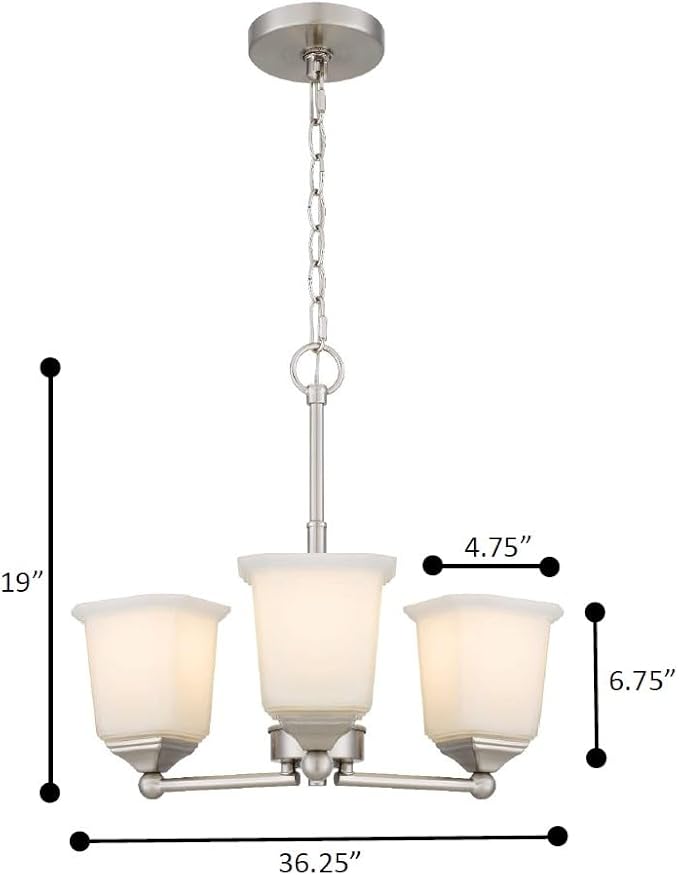 Nox 3-Light Chandelier Pendant Ceiling Light Brushed Nickle White Glass Shade Adjustable Height for Hallway, Entryway, Passway, Dining, Bedroom, Kitchen, Balcony Living Room