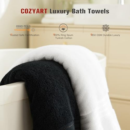 COZYART Luxury Bath Towels 4 PCS, 27x54 650 GSM Turkish Cotton, Black+White