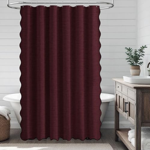 BTTN Burgundy Boho Scalloped Linen Textured Cloth Shower Curtain Set, 72x72