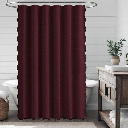 BTTN Burgundy Boho Scalloped Linen Textured Cloth Shower Curtain Set, 72x72