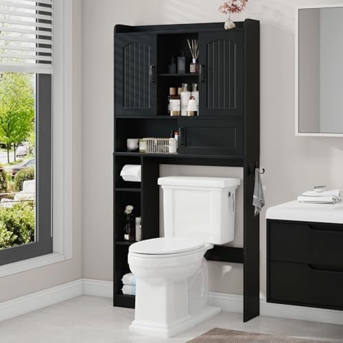 Vabches Over The Toilet Cabinet with 2 Barn Doors & Sliding Door, Black