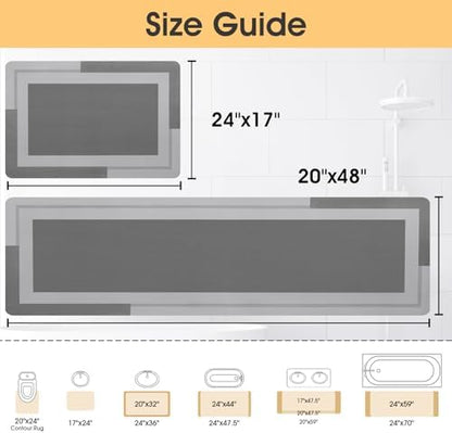 ACCUMTEK Non Slip Bath Mat, Thin Bathroom Rugs Fit Under Door, Quick Dry Bath Mats, Machine Washable Bath Rugs for Bathroom, Bathtub & Kitchen, Bathtub, Grey/Bordered/24 x17+48"x20"