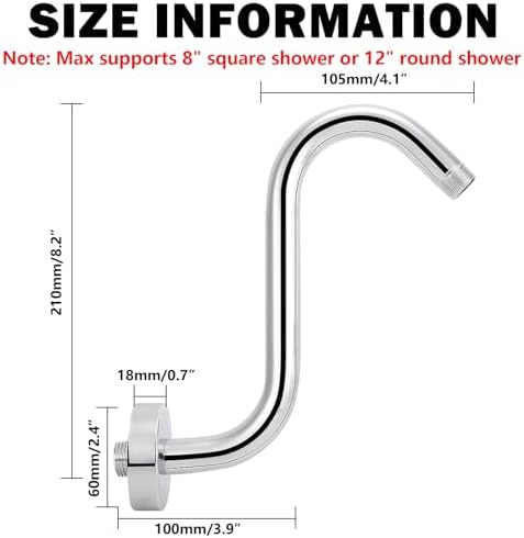 NearMoon S Shaped Shower Head Riser Arm, Shower Extender Arm with Flange, Standard 1/2" Connection- Bathroom Accessory (8 Inch, Chrome)