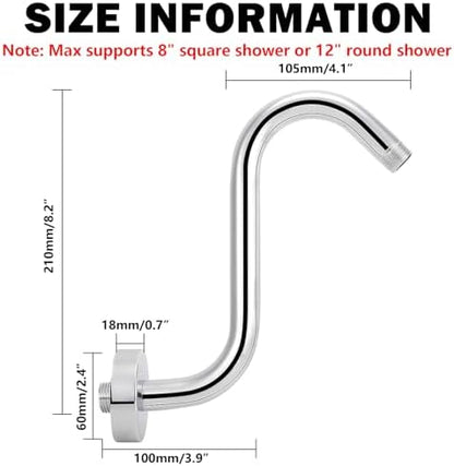 NearMoon S Shaped Shower Head Riser Arm, Shower Extender Arm with Flange, Standard 1/2" Connection- Bathroom Accessory (8 Inch, Chrome)