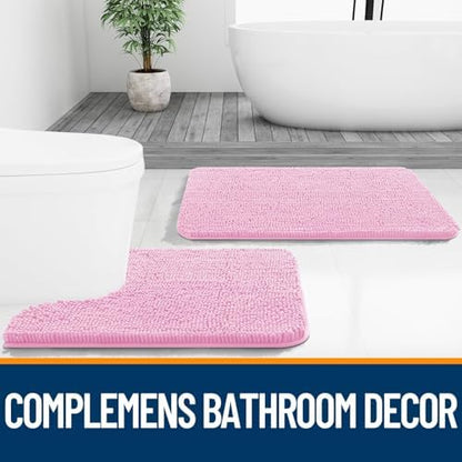 OLANLY Chenille Bathroom Rugs Mats Sets 2 Piece, 30"x20"+24"x20", Pink