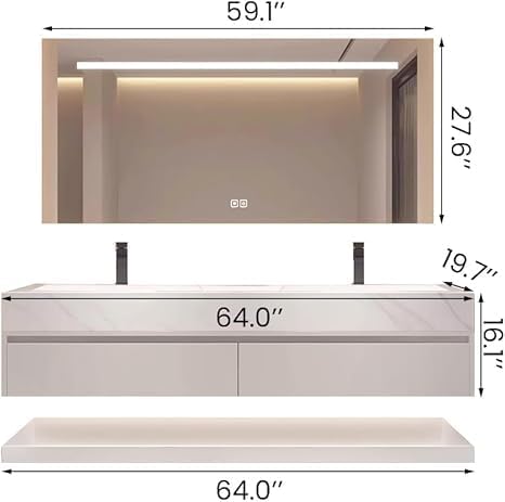 Bathroom Vanity with Sink, Single Sink Bathroom Vanity with Smart LED Defog Mirror, Display Time, Ceramic Sink, Soft Closing, Fully Pre-Assembled (White, 64in Mirror Double Sink)