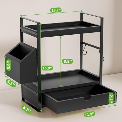 2-Tier Bathroom Counter Organizer, Wooden Vanity Shelf with Drawer & Basket