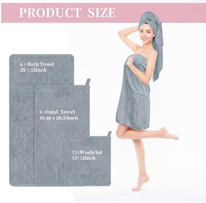 24 Pcs Towels Set 6 Bath Sheets 6 Washcloths and 12 Hand Towels, Reusable Absorbent Quick Dry Coral Velvet Towel for Shower Bath Spa Hotel Bathroom Supplies (Gray)