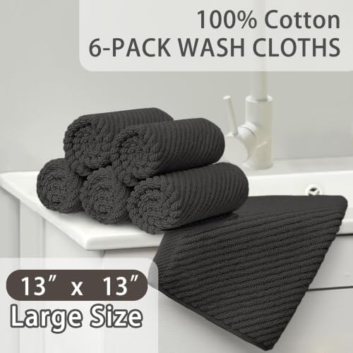 VOOVA & MOVAS Washcloths 6PC, 100% Cotton, 13x13 in, Dark Gray