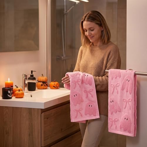 2 Pack Halloween Hand Towels 100% Cotton Jacquard Ghost Halloween Kitchen Towels White Bathroom Towels Set Seasonal Bathroom Decor (Bow and Ghost, Halloween)