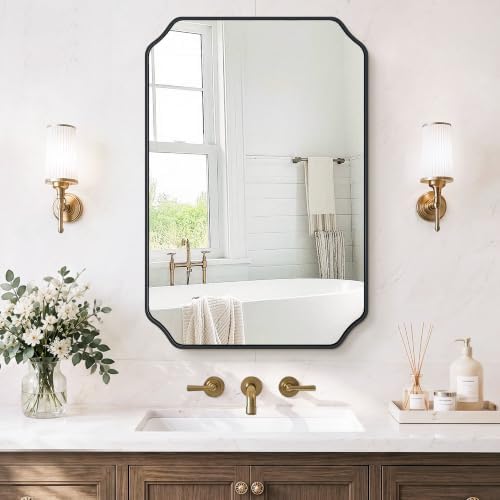 Vanity Bathroom Mirror, 20" x 30" Black Scalloped Mirror for Wall
