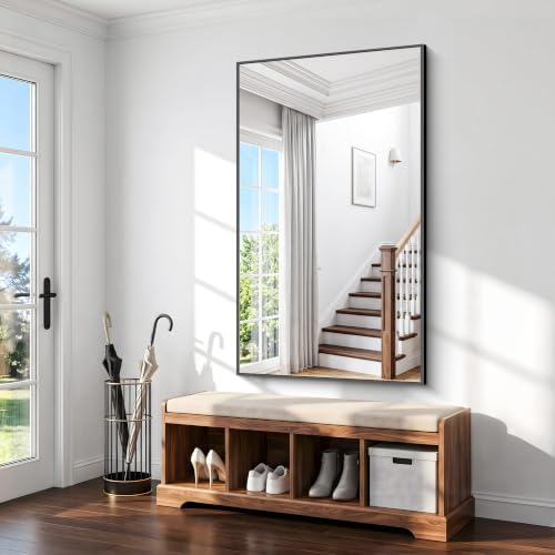 BONEWEI Bathroom Mirror,66x40 inch Large Wall Mirror for Bathroom Wall Mounted Black Rectangle Corner Mirrors,Black Bathroom Mirror for Living Room,Farmhouse,Bedroom Entryway,Horizontal/Vertical