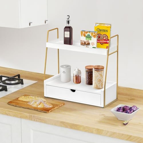 2-Tier Bathroom Countertop Organizer with Drawer, Wood Vanity Shelf White