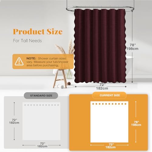 BTTN 72x78 Boho Scalloped Linen Textured Cloth Shower Curtain Set, Burgundy