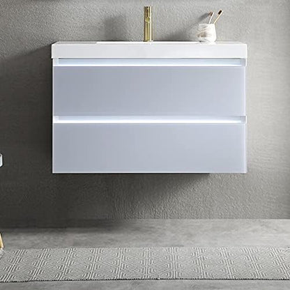 Blossom 36 inch LED Lighted Bathroom Vanity with Acrylic Sink | Wall Mounted Vanity with Dimmable LED Lights | Modern Floating Design for Bathrooms | 36" w/Acrylic Sink, Light Grey