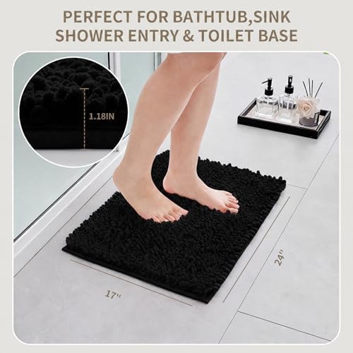 Bathroom Rugs Non Slip Washable, Extra Thick Soft Chenille Absorbent Bath Mat, High Density Barrier Non Slip Backing, Quick Dry Plush Shaggy Floor Carpet for Tub&Shower 24x17, Black