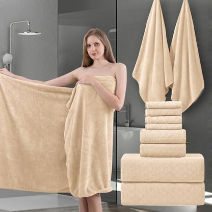 8-Piece Bath Towels Set,2 Oversized Bath Sheet,2 Hand Towels and 4 Washcloths - 600 GSM Soft Microfiber Highly Absorbent Quick Dry Shower Towel Collection for Bathroom Hotel and Spa,Light Yellow