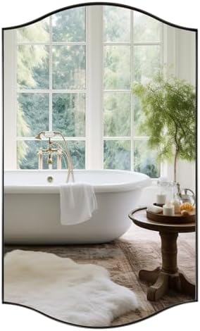 ANDY STAR Rectangle Scalloped Mirror, 24"x40" Brushed Nickel Bathroom Mirror in SUS304 Stainless Steel Metal Frame, Silver Vanity Mirror with Unique Arched Top Design