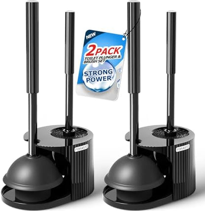 FORASTO 2Pack 2 in 1 Toilet Brush and Plunger Set, Extended Handle Plunger,Toilet Bowl Brush Plunger Set,Bathroom Cleaning Tools,Toilet Brush Plunger Combo,Cleaning Supplies，Black