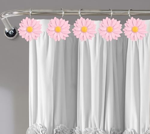 Daisy Flower Shower Curtain Hooks, 12PCS Stainless Steel Anti Rust Sunflower Shower Curtain Hooks Floral Decorative Curtain Hanger Hooks for Living Room Bathroom Decor (Pink)