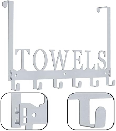 Over The Door Hooks, Towel Rack for Bathroom, Door Mount Towel Hooks Bath Towel Hanger for Bedroom Kitchen Pool Beach Towels Bathrobe Wall Mount Towel Holder for Bathrooms (6 Hooks, Silver Grey)