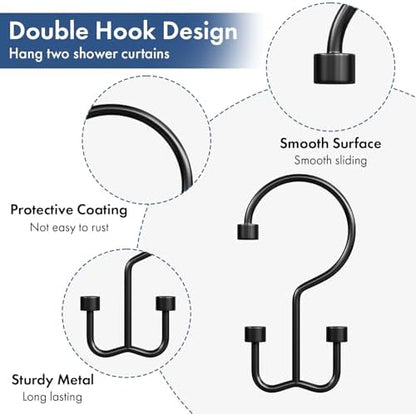 Bathway Shower Curtain Hooks Matte Black Shower Curtain Rings, 12 Pcs Double Hook Shower Curtain Hooks Rings Shower Curtain Hangers Rust Proof, Metal Shower Hooks for Bathroom Shower Curtain Rod
