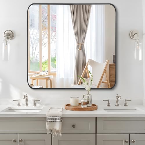 FORBATH Bathroom Mirror 36" x 36"，Large Square Wall Mirror with Black Aluminum Frame Rounded Corner, Wall Mounted Mirror for Bathroom Bedroom Entryway Living Room