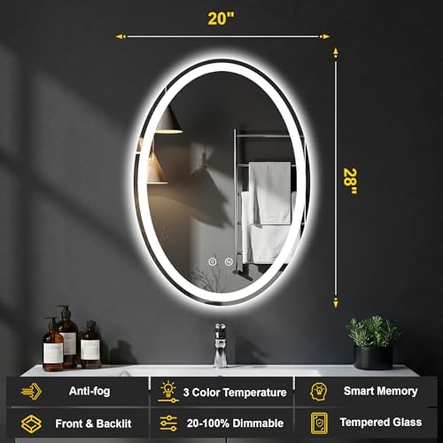 Oval LED Bathroom Mirror with Lights, 20 x 28 Inch Lighted Vanity Mirror