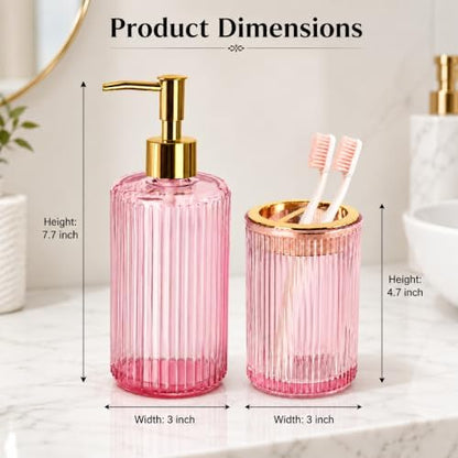Pink Glass Bathroom Accessories Set, Soap Dispenser and Toothbrush Holder
