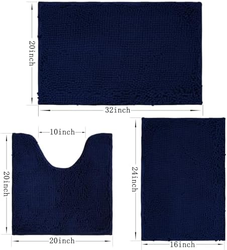 Bathroom Rugs Sets 3 Piece Non Slip,Bath Rugs with PVC Backing Bath Carpet,Bathroom Rug Washable,Absorbent,Plush Carpet Mats,Bath Mats for Bedroom, Kitchen,Tub,Home Decor (Navy)