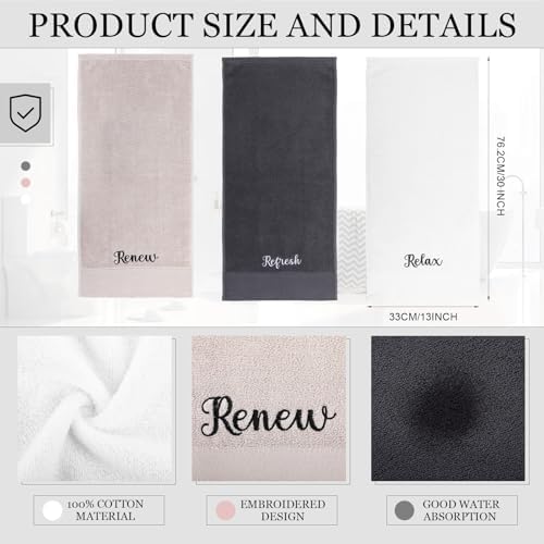 Tiamon 3 Pcs Bathroom Towel Decorative Set 100% Cotton Fluffy Bath Hand Towels for Guest Gifts Farmhouse Kitchen Hand Towels Home(Black, White, Gray,30 x 13 Inch,Relax Renew Refresh)